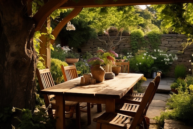 Rustykalne patio z meblami ogrodowymi i roślinnością