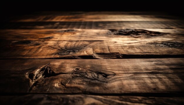 Rustykalny stół z desek z twardego drewna, tło wyblakłego drzewa wygenerowane przez sztuczną inteligencję