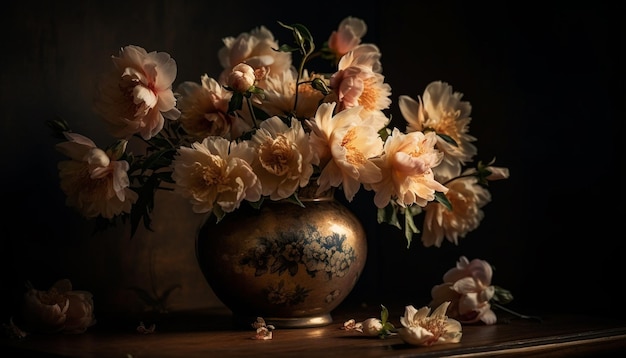 Rustykalny wazon zawiera ozdobny bukiet świeżych kwiatów wygenerowany przez sztuczną inteligencję