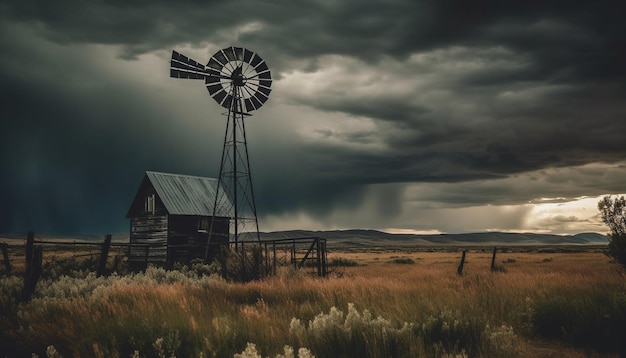 Bezpłatne zdjęcie rustykalny wiatrak generuje alternatywną energię na opuszczonym ranczu w albercie, generowaną przez sztuczną inteligencję