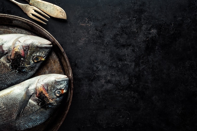 Bezpłatne zdjęcie ryba dorado ze składnikami na ciemno