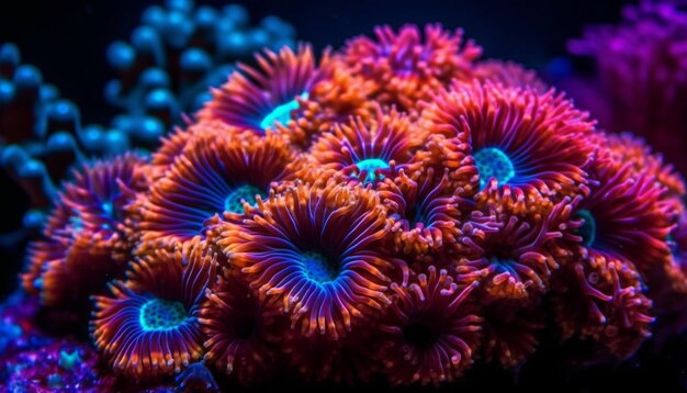 Ryby pływają w tętniącej życiem rafie koralowej generowanej przez sztuczną inteligencję