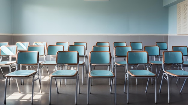 Bezpłatne zdjęcie rząd pustych krzeseł naprzeciwko tablicy w klasie czeka na uczniów