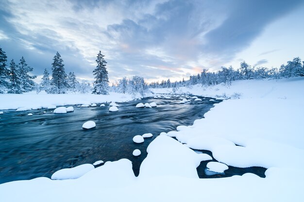 Rzeka ze śniegiem w nim i las w pobliżu pokryty śniegiem zimą w Szwecji