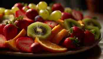 Bezpłatne zdjęcie sałatka ze świeżych owoców z dojrzałymi jagodami i kiwi wygenerowana przez ai