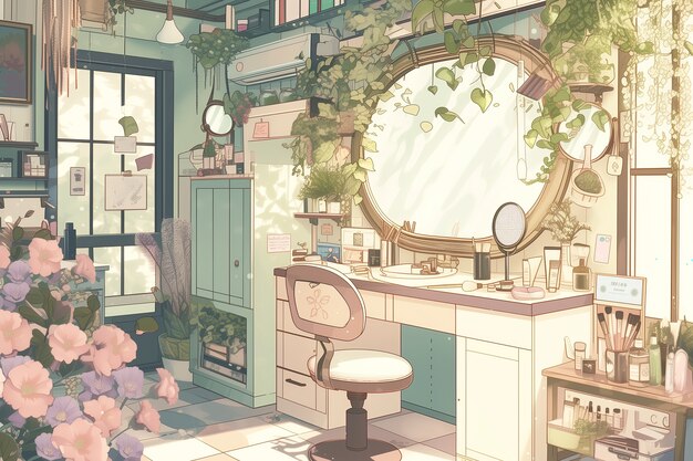 Salon piękności w stylu anime z sprzętem kosmetycznym