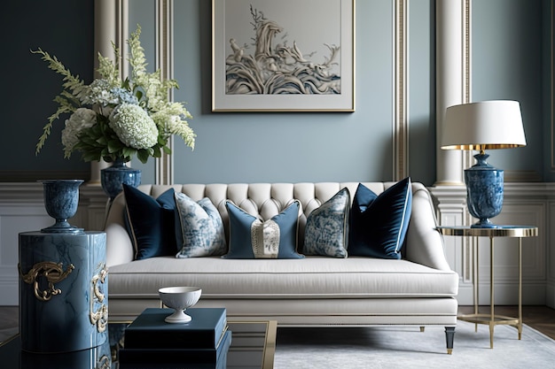 Salon z niebiesko-białą kanapą i niebiesko-białym obrazem.