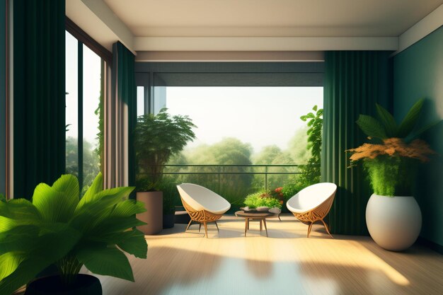 Salon z zieloną zasłoną i rośliną na oknie