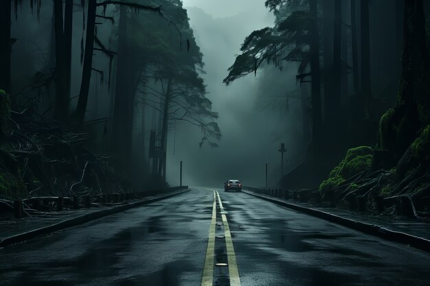 Samochód na pustej drodze w ciemnej atmosferze