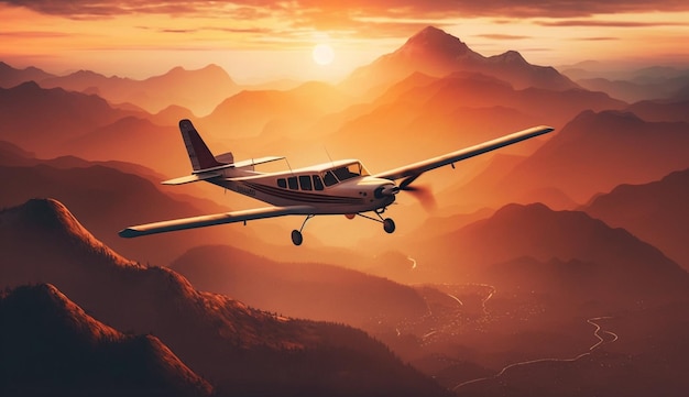 Samolot lecący nad pasmem górskim o zachodzie słońca wygenerowany przez sztuczną inteligencję