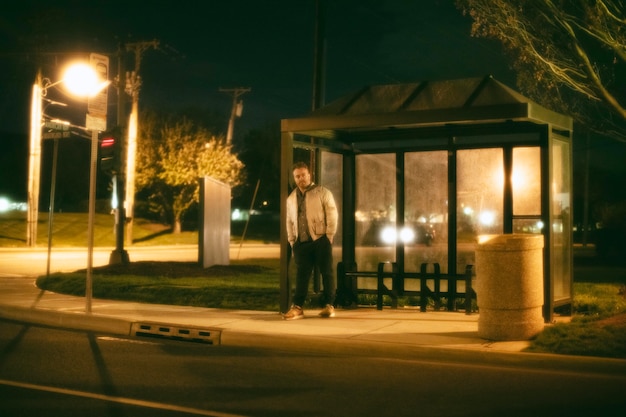Samotny mężczyzna na dworcu autobusowym w mieście nocą