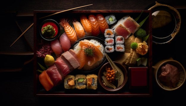 Bezpłatne zdjęcie sashimi i nigiri dla smakoszy z owocami morza, generowane przez sztuczną inteligencję