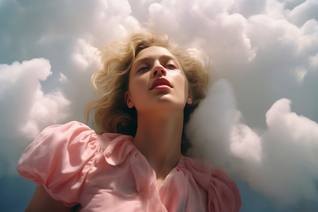 Bezpłatne zdjęcie scena koncepcyjna z ludźmi na niebie otoczonymi przez chmury z marzącym uczuciem