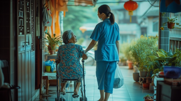 Scena pracy opiekuńczej z opieką nad starszym pacjentem