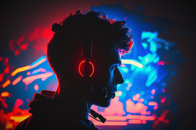 Scena profesjonalnego gracza eSports w profilu pokolorowanym czerwonym i niebieskim światłem generatywnym ai