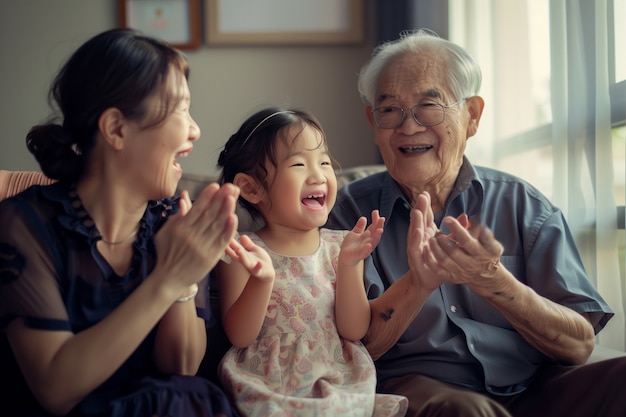Scena świętowania dnia dziadków z dziadkami i wnukami przedstawiającymi szczęśliwą rodzinę