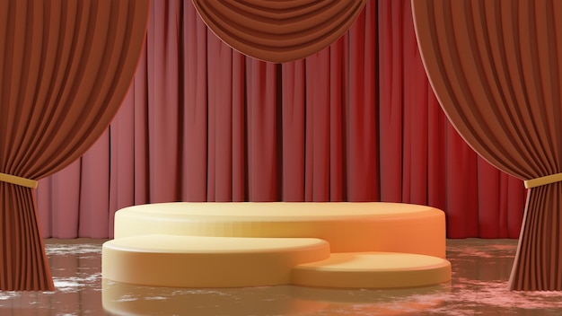 Bezpłatne zdjęcie scena teatralna z podium produktu i kurtyną w stylu retro w tle d ilustracji render