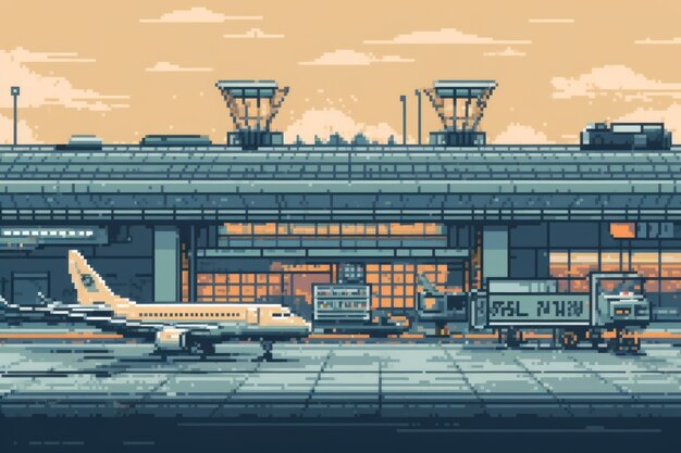 Scena w 8-bitowych pikselach graficznych z lotniskiem