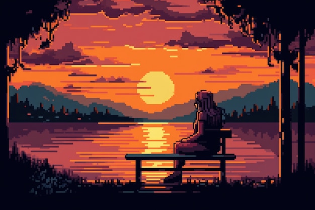 Scena w 8-bitowych pikselach graficznych z osobą na ławce o zachodzie słońca