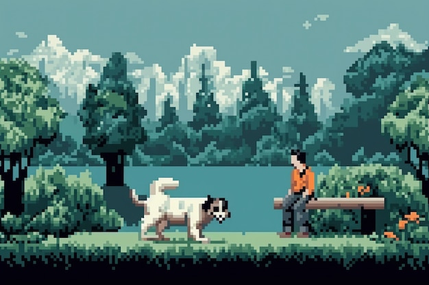 Bezpłatne zdjęcie scena w 8-bitowych pikselach graficznych z osobą spacerującą z psem po parku