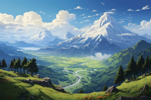 Scena w stylu fantasy z krajobrazem górskim