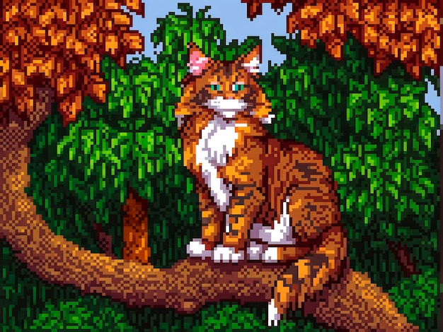 Scena w stylu pixel art z uroczym kotem