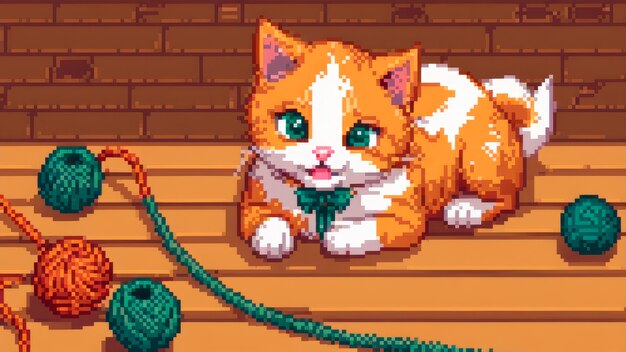 Scena w stylu pixel art z uroczym kotem