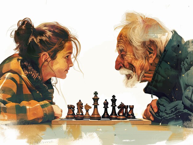 Scena w stylu sztuki cyfrowej z ludźmi grającymi w szachy