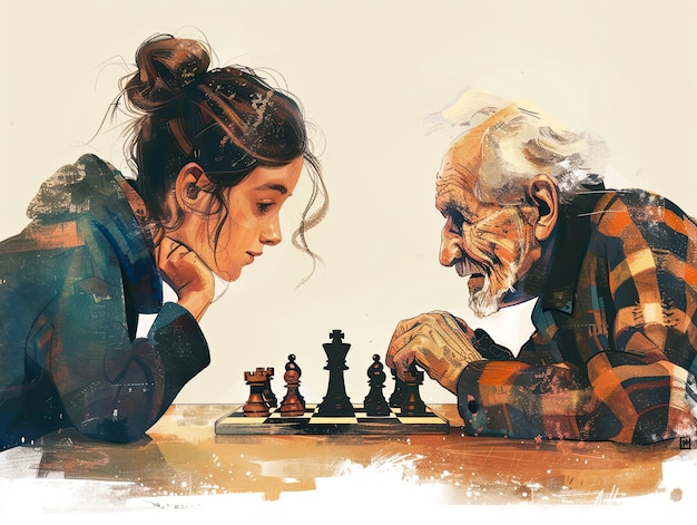 Bezpłatne zdjęcie scena w stylu sztuki cyfrowej z ludźmi grającymi w szachy