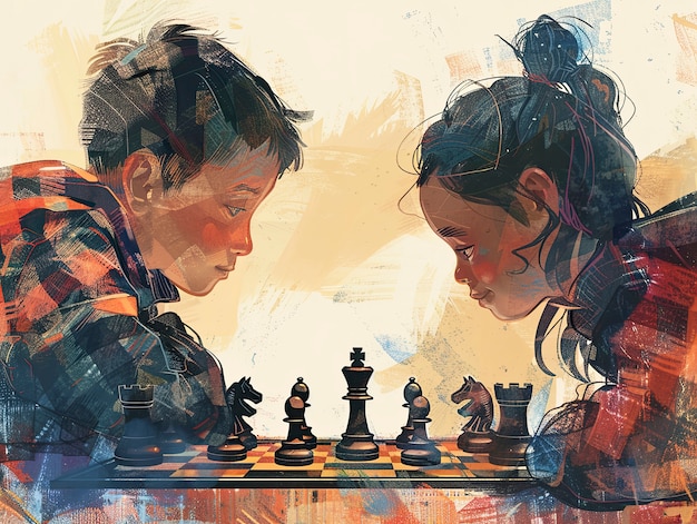 Scena w stylu sztuki cyfrowej z ludźmi grającymi w szachy