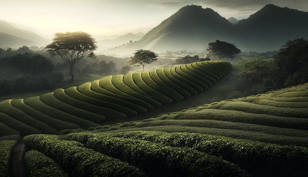 Scena wiejska zielona herbata uprawa spokojnego świtu generowana przez sztuczną inteligencję