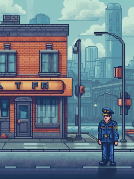 Scena z biurem policji w 8-bitowych pikselach graficznych