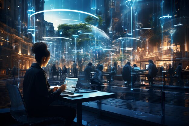 Scena z biznesmenem pracującym w futurystycznym biurze