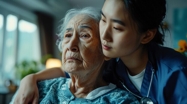 Scena z pracy opiekuńczej z starszym pacjentem, o którego się opiekuje