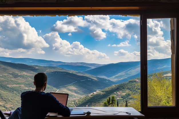 Bezpłatne zdjęcie scene with diverse young people being digital nomads and working remotely from dreamy locations