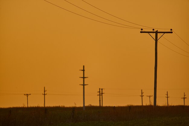 Sceneria zachodu słońca w napowietrznej linii energetycznej