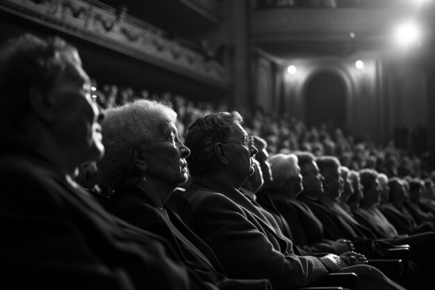 Sceny retro światowego dnia teatru z publicznością siedzącą na straganach teatru