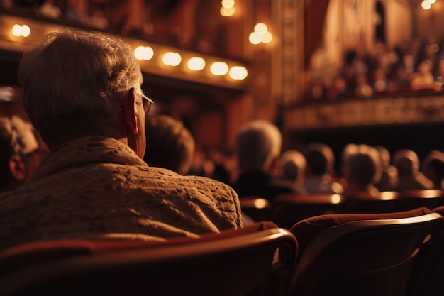 Bezpłatne zdjęcie sceny retro światowego dnia teatru z publicznością siedzącą na straganach teatru