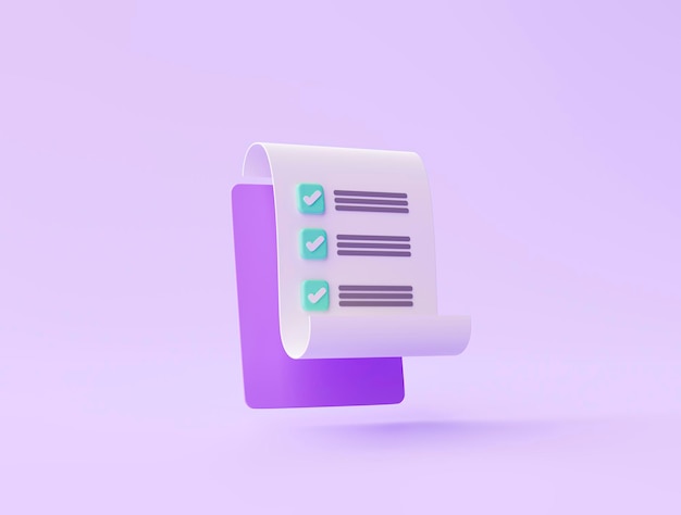 Schowek z ikoną notatki papieru listy kontrolnej lub symbolem na fioletowym tle renderowania 3d