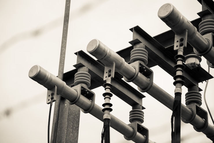 Bezpłatny plik Zdjęcie selektywna ostrość ujęcie linii energetycznych, połączeń i transformatora w skali szarości