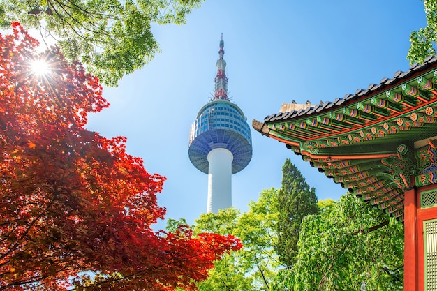 Seoul Tower z dachem gyeongbokgung i czerwonymi jesiennymi liśćmi klonu na górze Namsan w Korei Południowej
