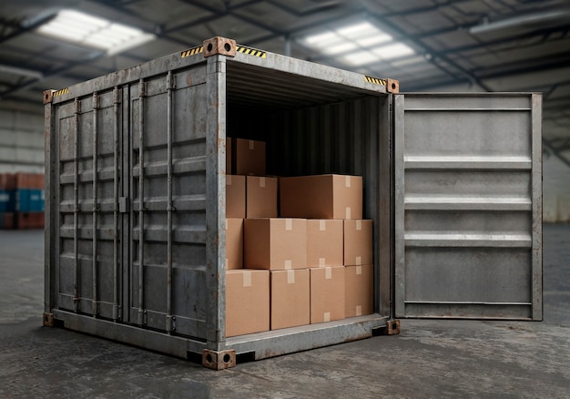 Shipping container filled with boxes