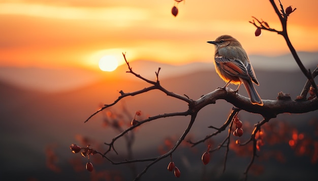 Siluweta ptaka siedzącego na gałęzi oświetlona przez zachód słońca generowana przez sztuczną inteligencję