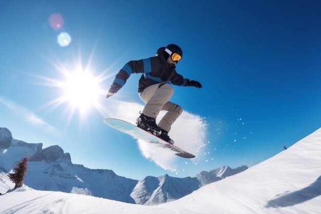 Skaczący snowboardzista na snowboardzie w górach AI generatywny