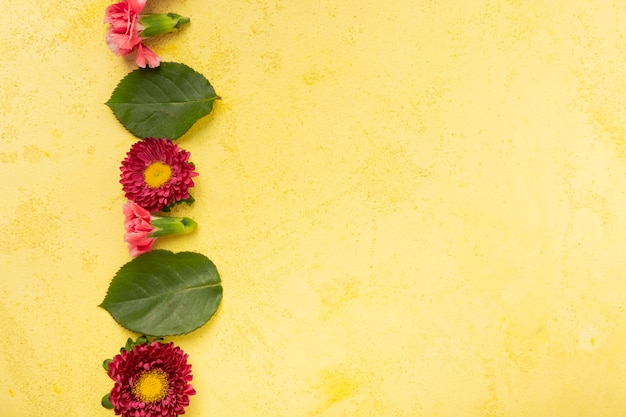 Bezpłatne zdjęcie skopiuj miejsce żółte tło z paskiem kwiatów i liści