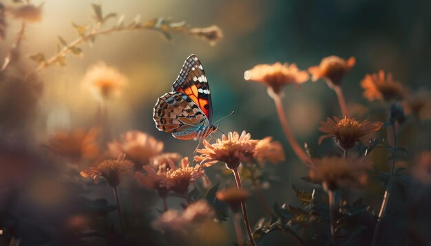 Skrzydło motyla w centrum uwagi elegancja głowy kwiatu wygenerowana przez sztuczną inteligencję