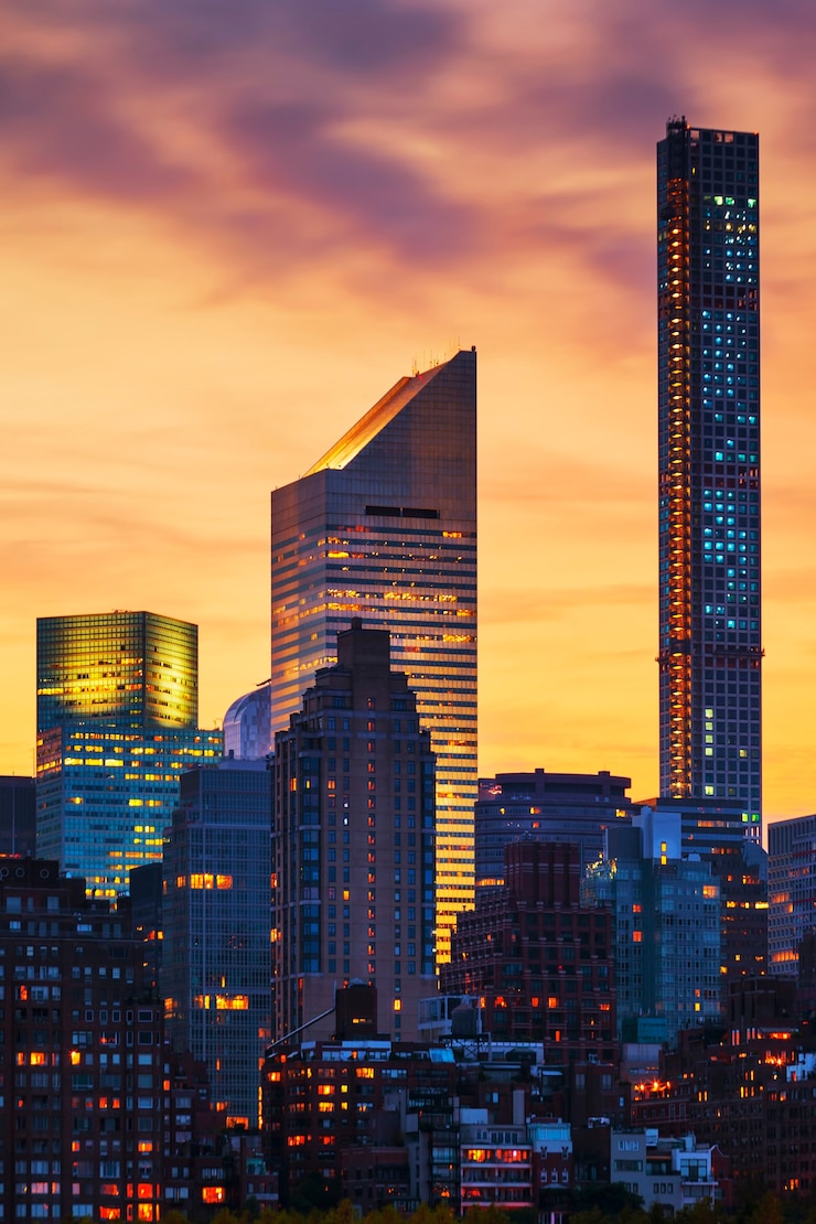 Bezpłatny plik Zdjęcie skycraper w nowym jorku o zachodzie słońca, usa.