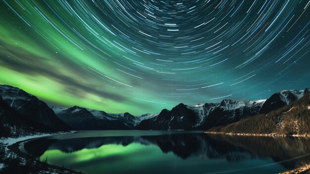 Ślad gwiazd nocnego nieba nad planetą Ziemia z obrazem generowanym przez sztuczną inteligencję zorzy polarnej