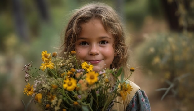 Śliczna dziewczyna trzyma żółty kwiat cieszący się przyrodą generowaną przez AI