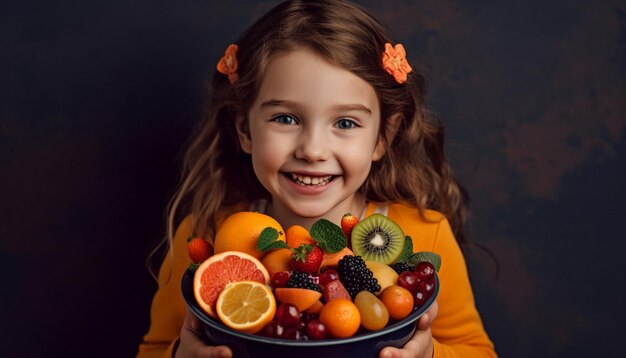Śliczna kaukaska dziewczyna uśmiecha się, trzymając przekąskę ze świeżych owoców wygenerowaną przez AI